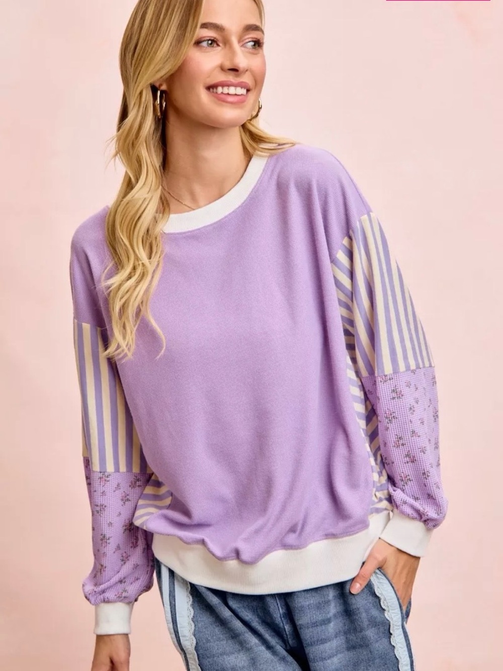 BiBi Lightweight Lavender Mixed Media  Sweatshirt - Picture 2 of 5